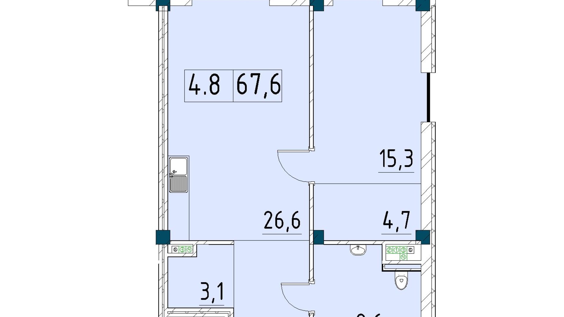 Планування 1-кімнатної квартири в ЖК Рішельєвський Пасаж 67.6 м², фото 646513