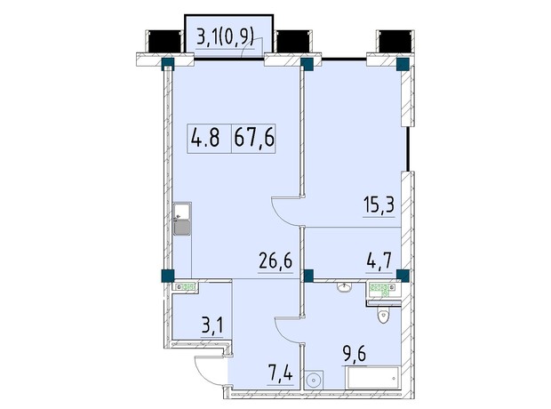 ЖК Ришельевский Пассаж: планировка 1-комнатной квартиры 67.6 м²