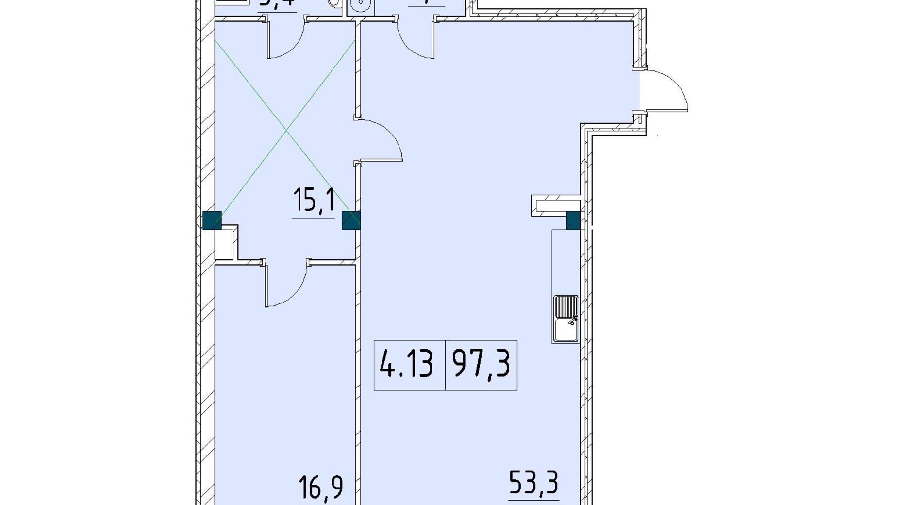 Планировка 2-комнатной квартиры в ЖК Ришельевский Пассаж 97.3 м², фото 646515