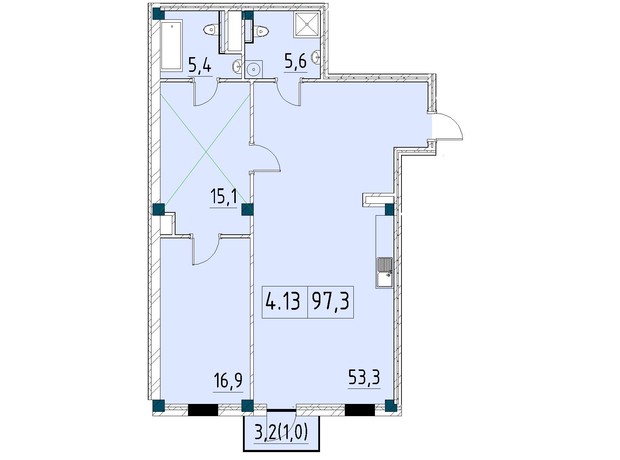 ЖК Ришельевский Пассаж: планировка 2-комнатной квартиры 97.3 м²