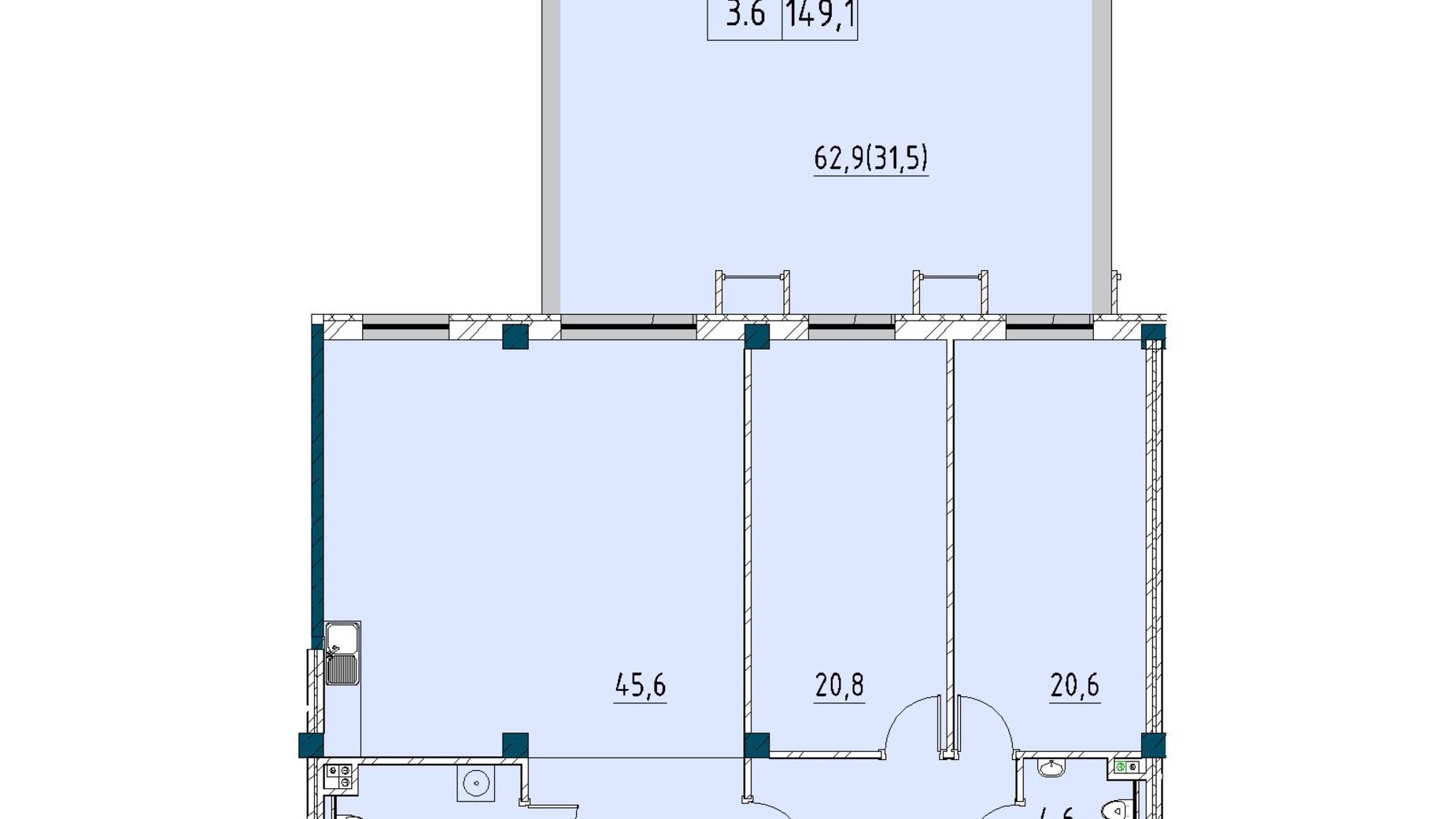 Планування 2-кімнатної квартири в ЖК Рішельєвський Пасаж 149.1 м², фото 646516