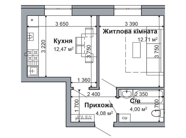 ЖК Рідний-2: планування 1-кімнатної квартири 33.26 м²