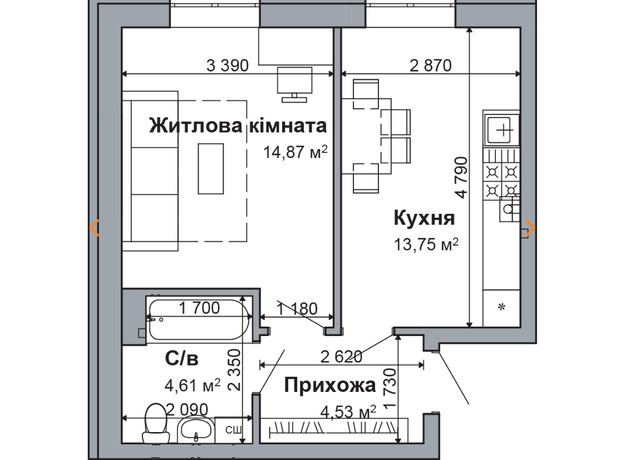 ЖК Рідний-2: планування 1-кімнатної квартири 37.76 м²