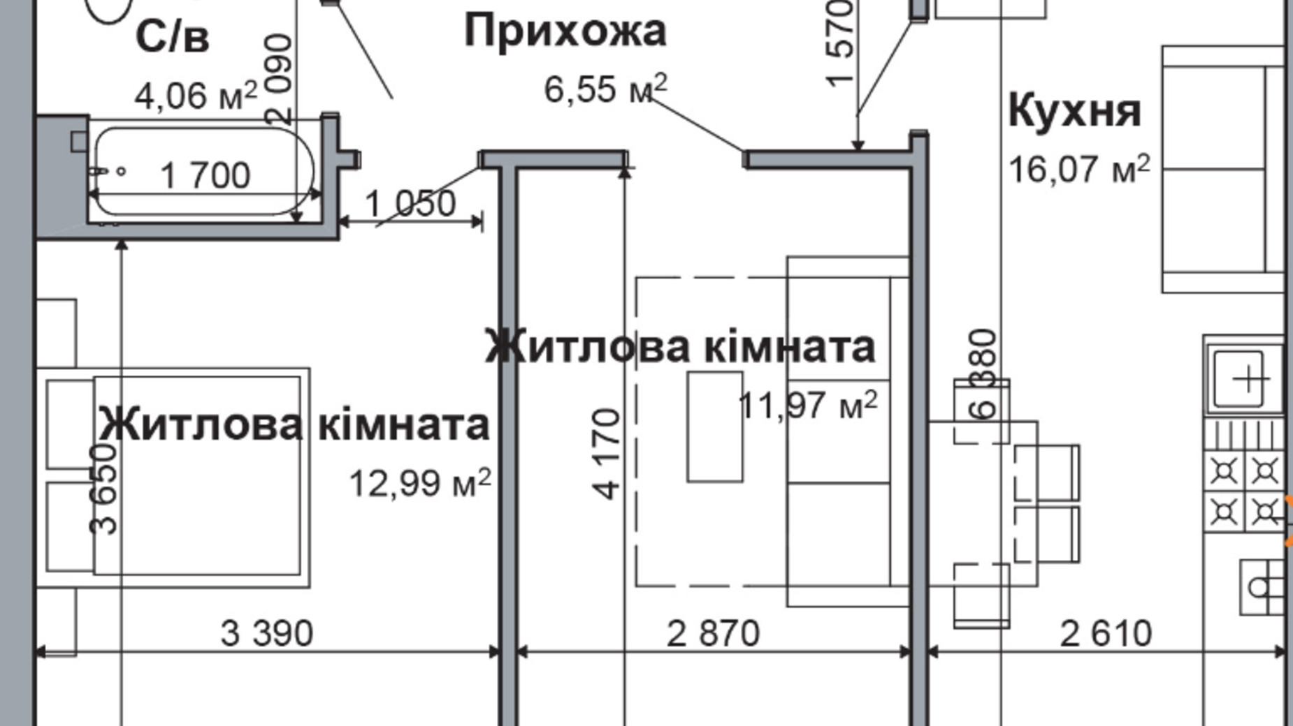 Планировка 2-комнатной квартиры в ЖК Родной-2 56.64 м², фото 646684