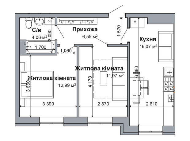 ЖК Рідний-2: планування 2-кімнатної квартири 56.64 м²