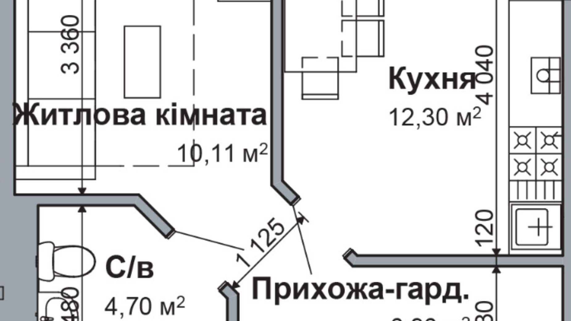 Планировка 1-комнатной квартиры в ЖК Родной-2 34.07 м², фото 646685