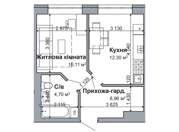 ЖК Рідний-2: планування 1-кімнатної квартири 34.07 м²