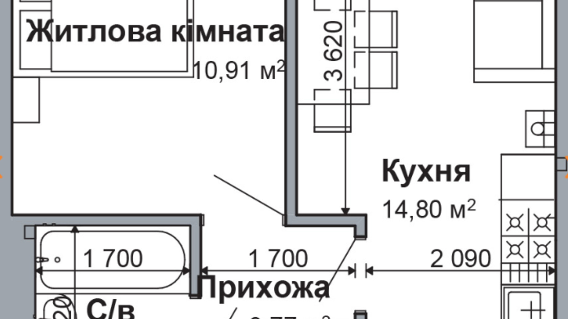 Планировка 1-комнатной квартиры в ЖК Родной-2 33.25 м², фото 646686