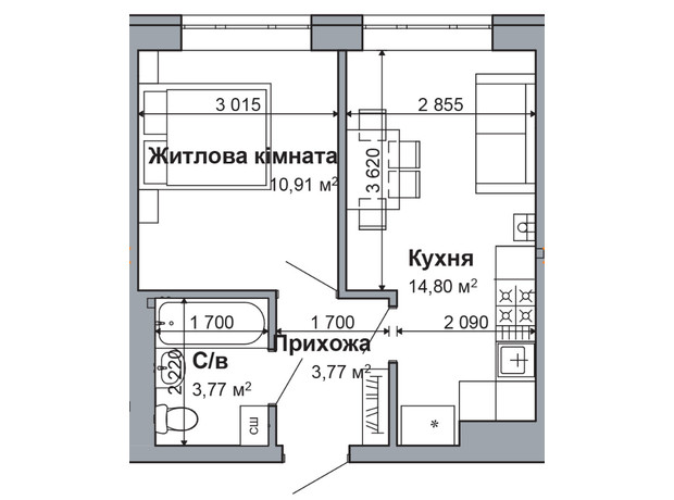 ЖК Рідний-2: планування 1-кімнатної квартири 33.25 м²