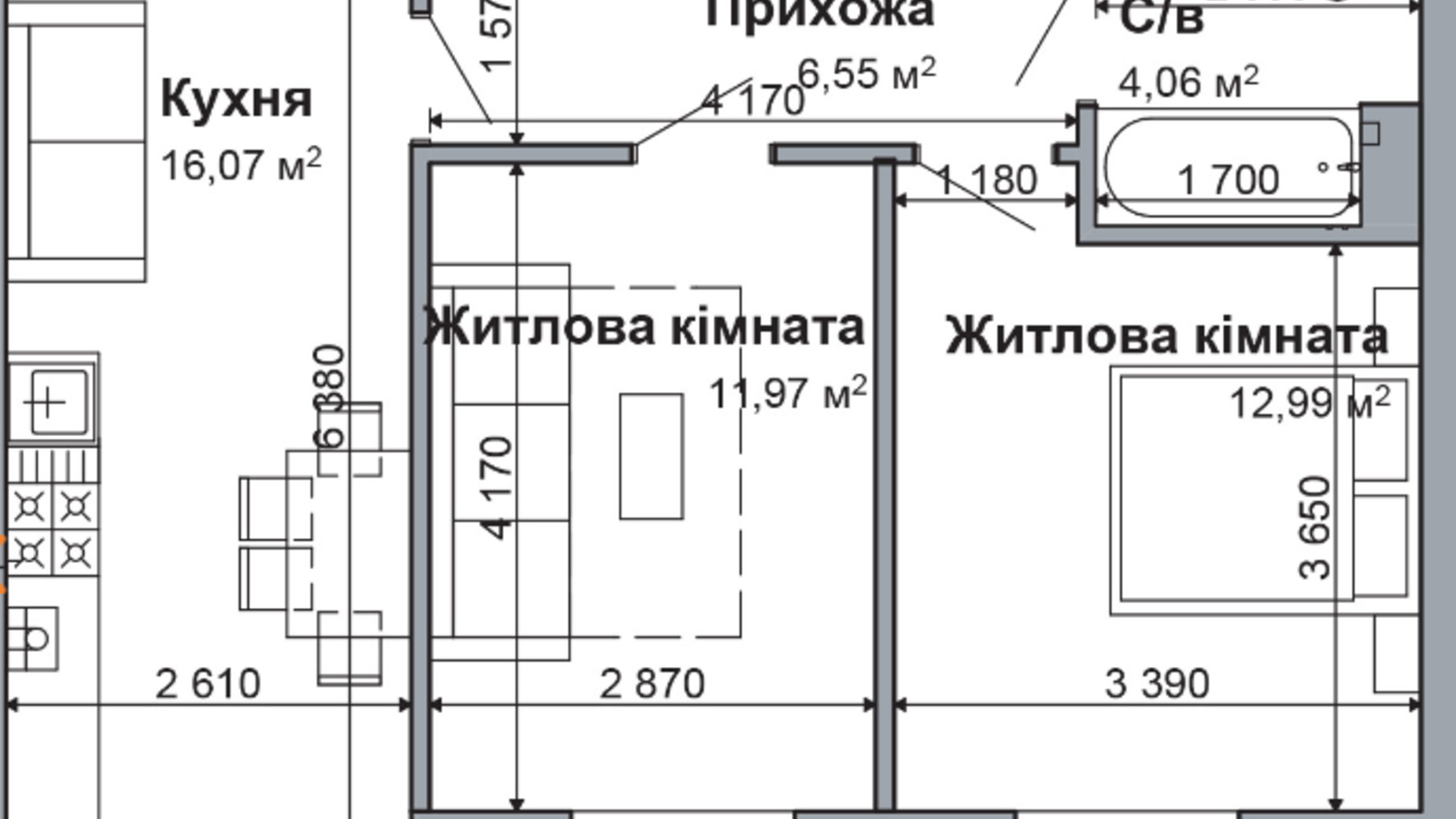 Планировка 2-комнатной квартиры в ЖК Родной-2 51.64 м², фото 646687