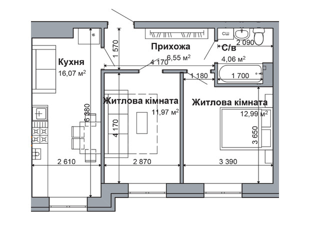 ЖК Родной-2: планировка 2-комнатной квартиры 51.64 м²