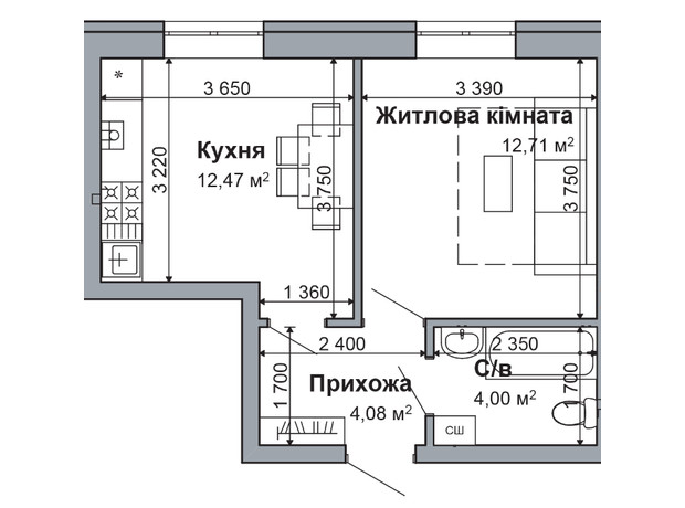 ЖК Рідний-2: планування 1-кімнатної квартири 33.26 м²