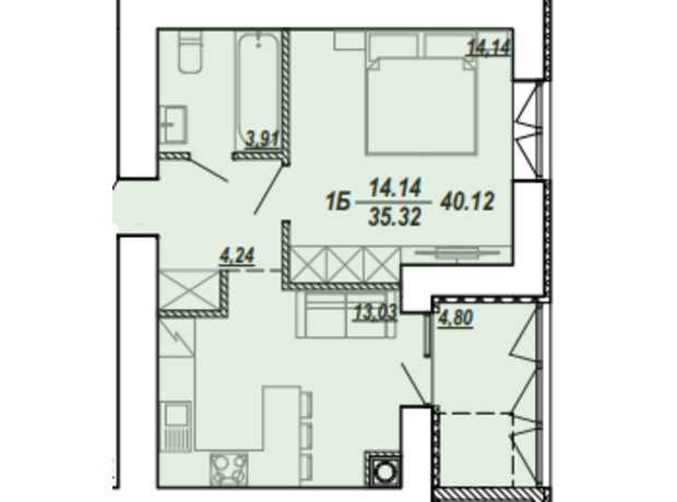 ЖК Текстильна, 21: планування 1-кімнатної квартири 40.04 м²