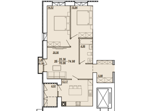 ЖК Текстильна, 21: планування 2-кімнатної квартири 75.5 м²