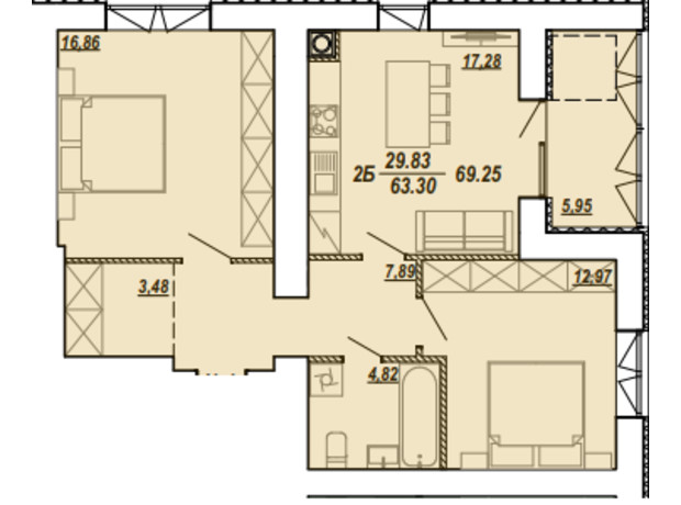 ЖК Текстильна, 21: планування 2-кімнатної квартири 68.91 м²