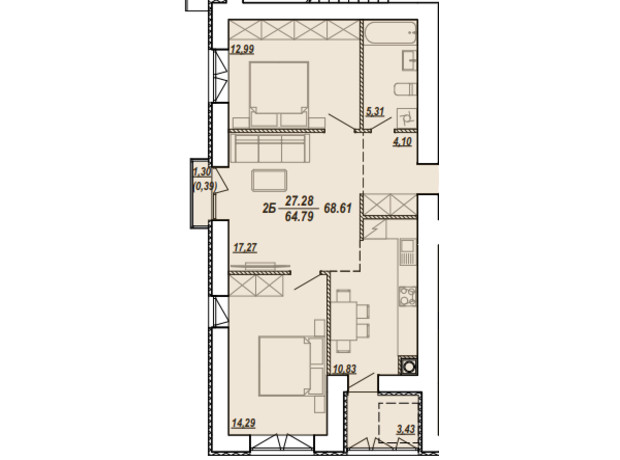 ЖК Текстильная, 21: планировка 2-комнатной квартиры 69.24 м²