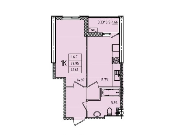 ЖК Эллада: планировка 1-комнатной квартиры 41.61 м²