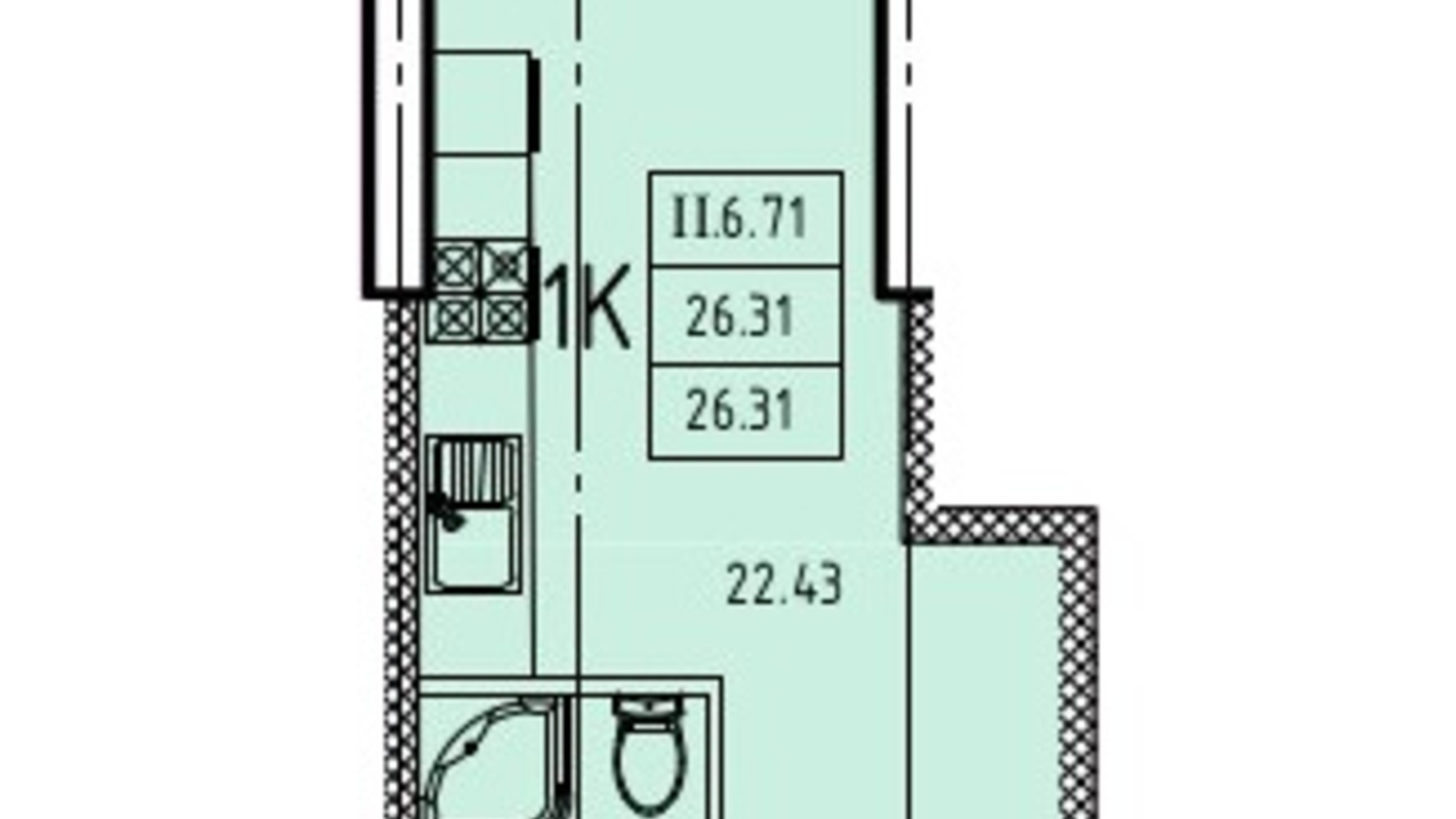 Планування квартири студії в ЖК Еллада 26.31 м², фото 646907