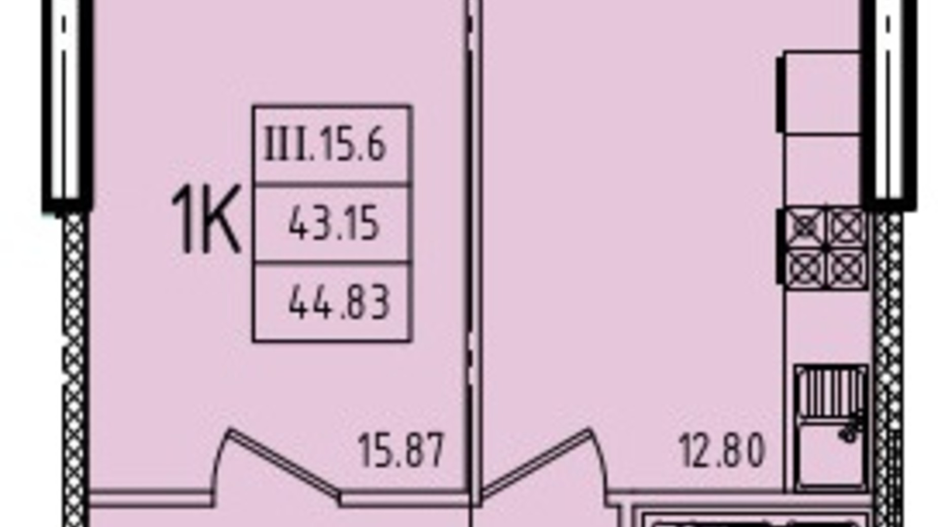 Планування 1-кімнатної квартири в ЖК Еллада 44.83 м², фото 646937