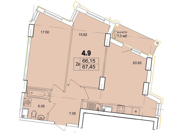 Апарт-комплекс Итака: планировка 2-комнатной квартиры 67.45 м²