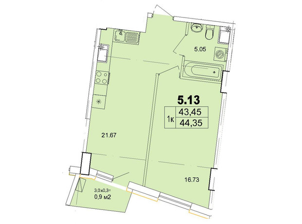 Апарт-комплекс Итака: планировка 1-комнатной квартиры 44.35 м²