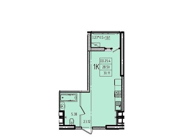 ЖК Еллада: планування 1-кімнатної квартири 30.11 м²