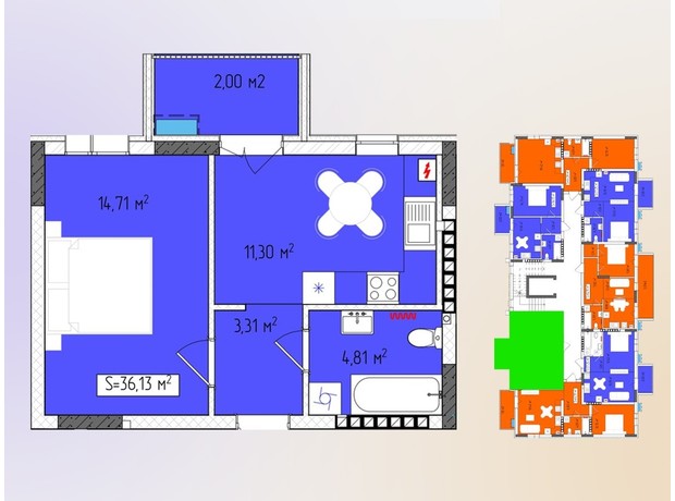 ЖК Green Side: планування 1-кімнатної квартири 36.13 м²