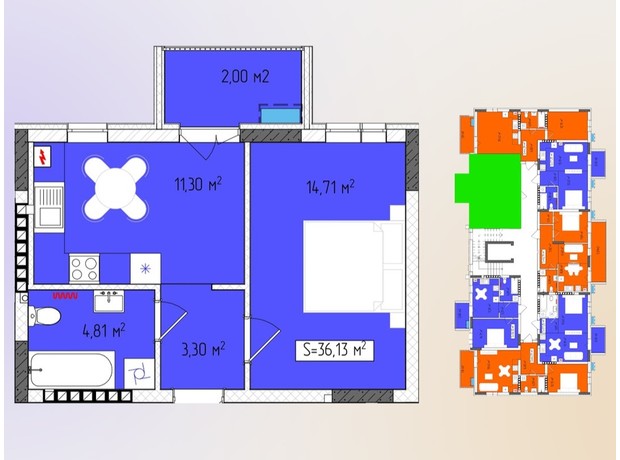 ЖК Green Side: планировка 1-комнатной квартиры 36.13 м²