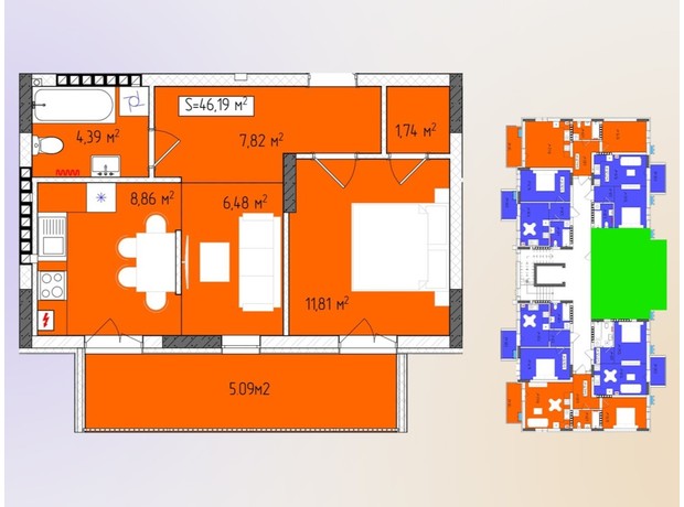 ЖК Green Side: планування 1-кімнатної квартири 46.19 м²