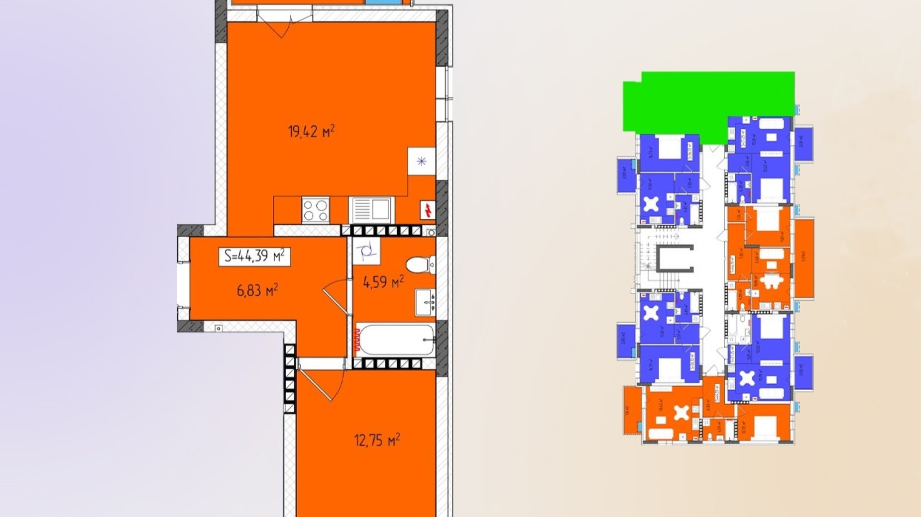 Планировка 1-комнатной квартиры в ЖК Green Side 44.39 м², фото 647310