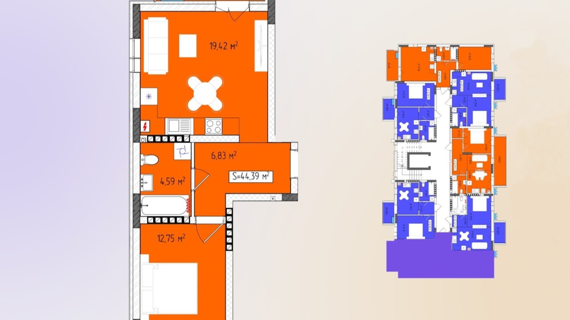 Планировка 1-комнатной квартиры в ЖК Green Side 44.39 м², фото 647319