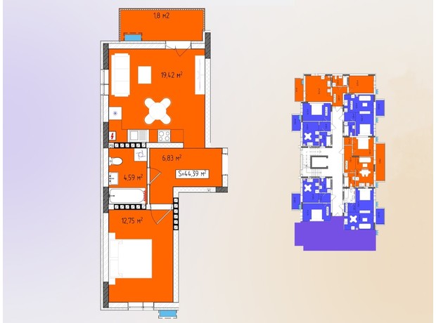 ЖК Green Side: планування 1-кімнатної квартири 44.39 м²