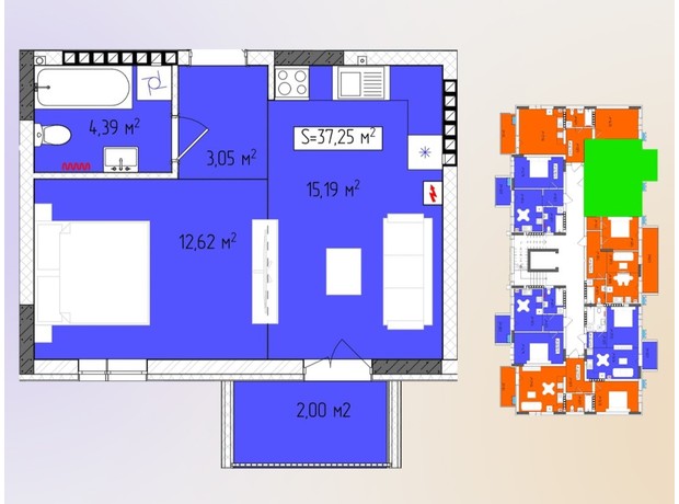 ЖК Green Side: планування 1-кімнатної квартири 37.25 м²