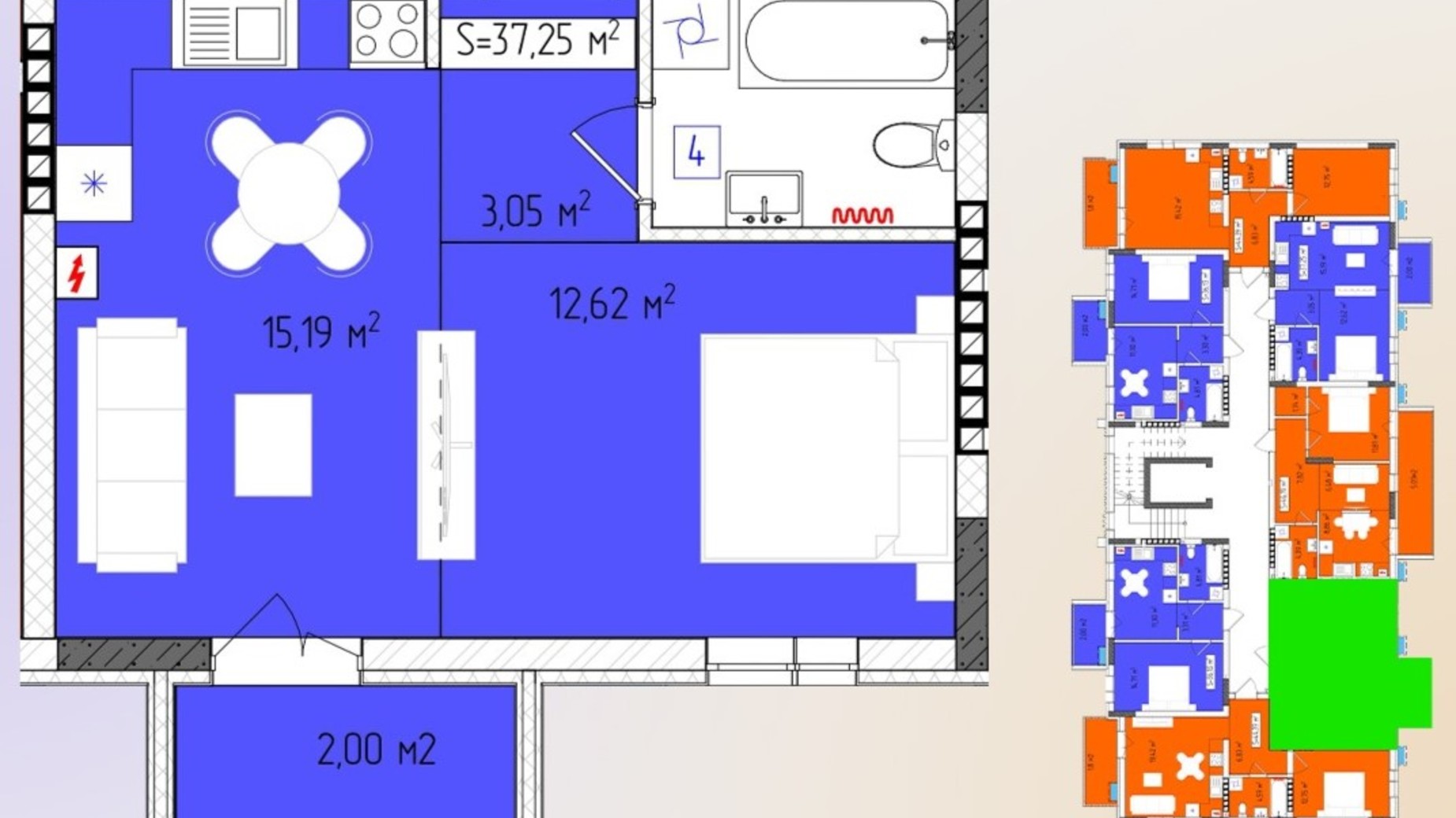 Планировка 1-комнатной квартиры в ЖК Green Side 37.25 м², фото 647354