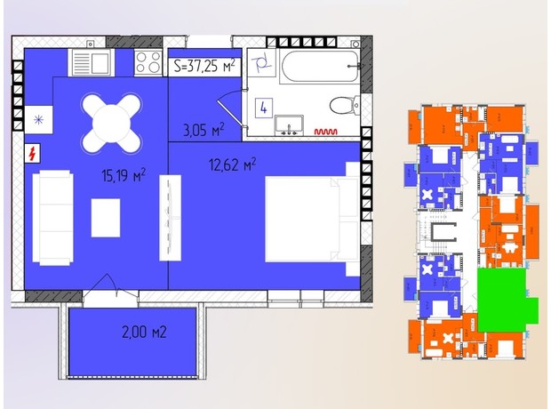 ЖК Green Side: планування 1-кімнатної квартири 37.25 м²