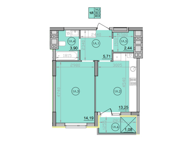 ЖК Family: планування 1-кімнатної квартири 40.6 м²