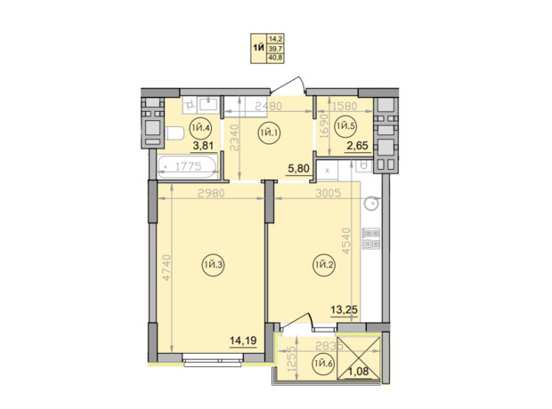 ЖК Family: планировка 1-комнатной квартиры 40.8 м²