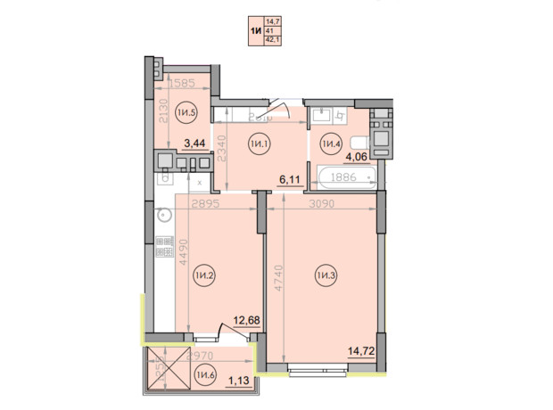 ЖК Family: планування 1-кімнатної квартири 42.1 м²