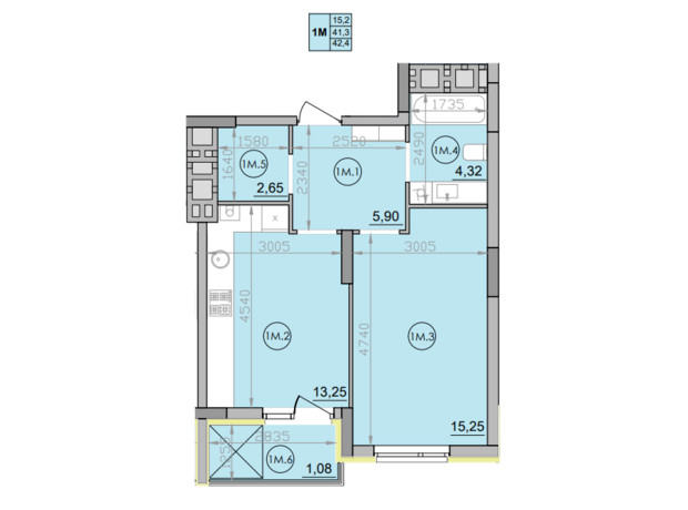 ЖК Family: планування 1-кімнатної квартири 42.4 м²