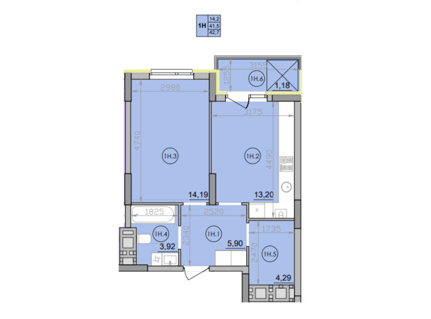 ЖК Family: планування 1-кімнатної квартири 42.7 м²