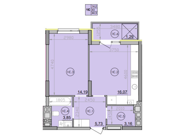 ЖК Family: планування 1-кімнатної квартири 44.3 м²