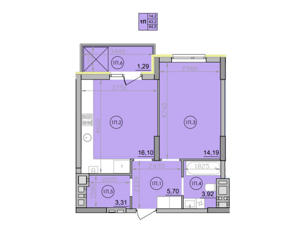 ЖК Family: планировка 1-комнатной квартиры 44.5 м²