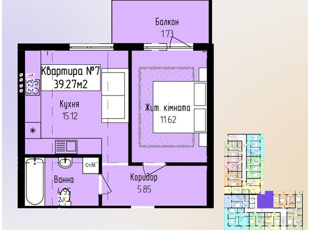 ЖК Зелений: планування 1-кімнатної квартири 39.27 м²