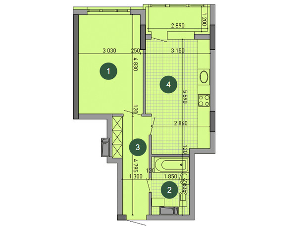 ЖК Парковый Город: планировка 1-комнатной квартиры 45.59 м²