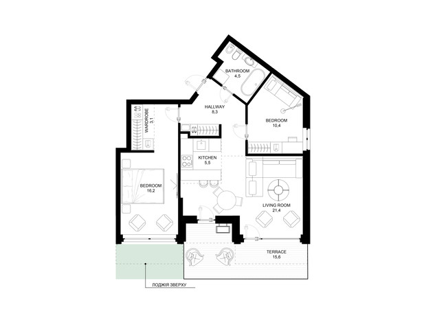 ЖК 31: планування 2-кімнатної квартири 74.1 м²