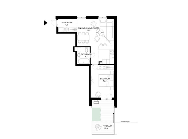 ЖК 31: планування 1-кімнатної квартири 55 м²