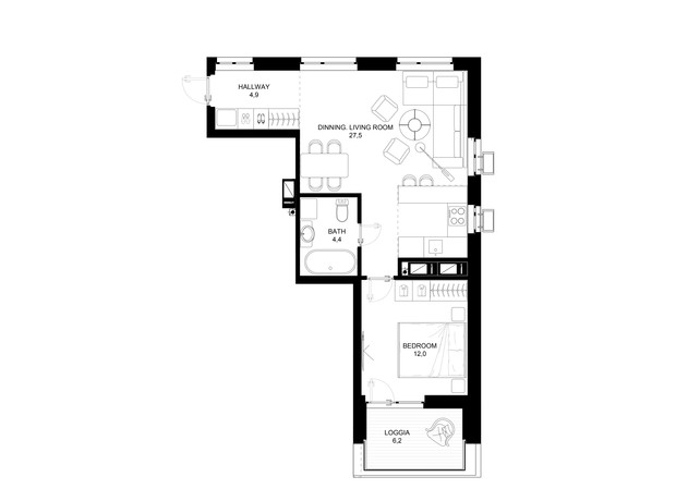 ЖК 31: планировка 1-комнатной квартиры 51.9 м²