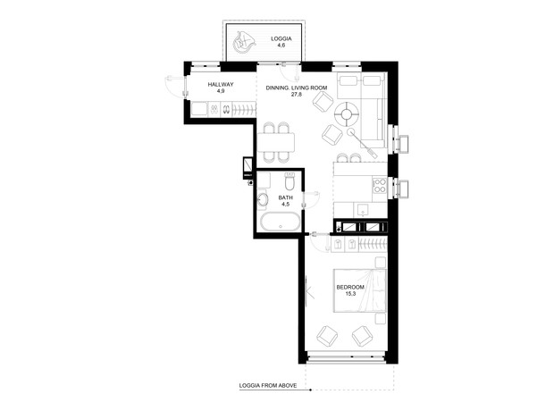 ЖК 31: планування 1-кімнатної квартири 53.9 м²