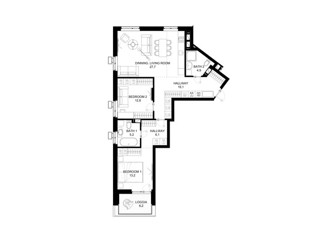 ЖК 31: планування 2-кімнатної квартири 90.1 м²