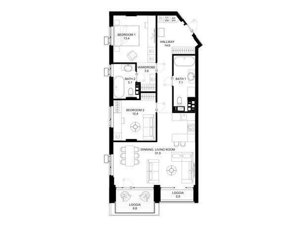 ЖК 31: планування 2-кімнатної квартири 92.9 м²